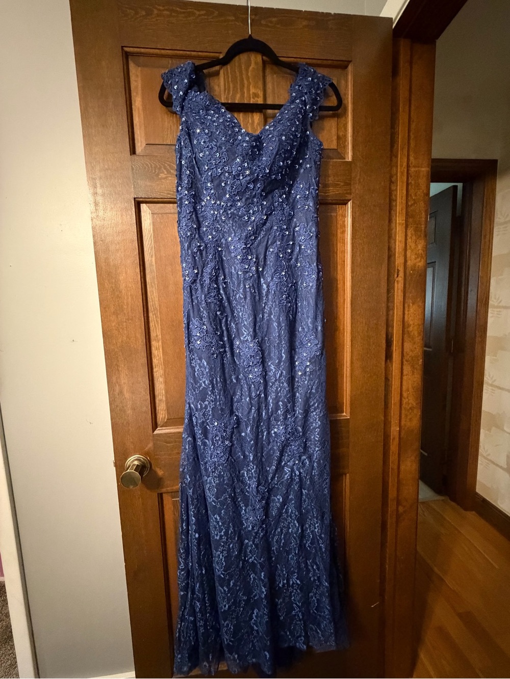 eos Navy Lace Beaded V-Neck Gown